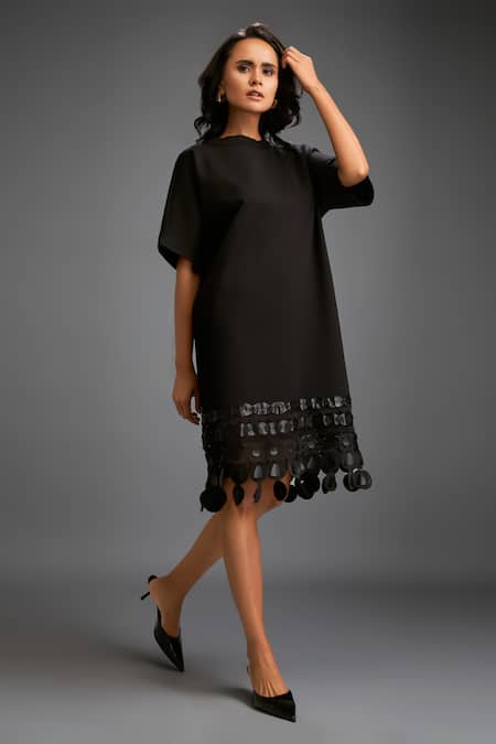 Deepika Arora_Black Polyester Tassels Round Neck Cut-out Hem Dress _Online_at_Aza_Fashions