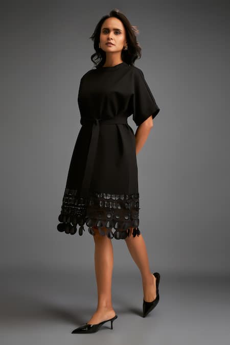 Shop_Deepika Arora_Black Polyester Tassels Round Neck Cut-out Hem Dress _Online_at_Aza_Fashions