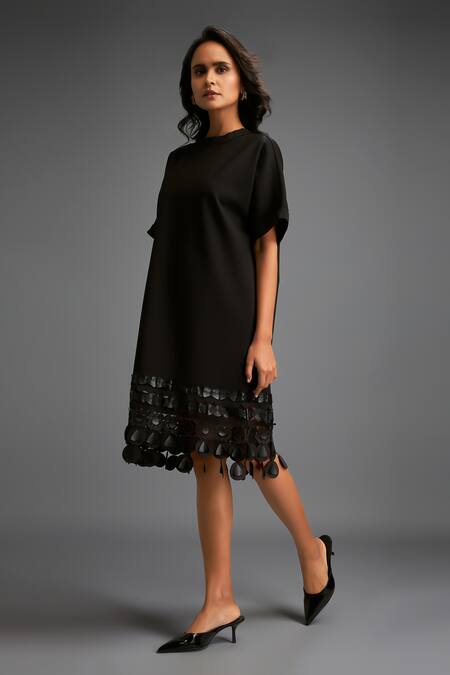 Buy_Deepika Arora_Black Polyester Tassels Round Neck Cut-out Hem Dress 