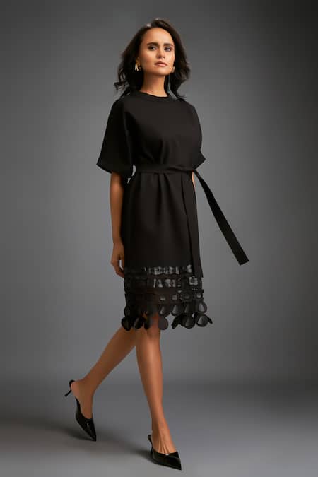 Shop_Deepika Arora_Black Polyester Tassels Round Neck Cut-out Hem Dress 