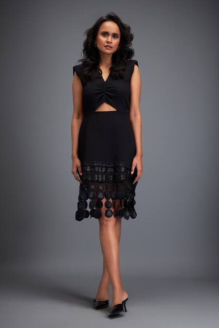 Deepika Arora_Black Poplin Tassels Round Neck Cut-out Textured Dress _Online_at_Aza_Fashions