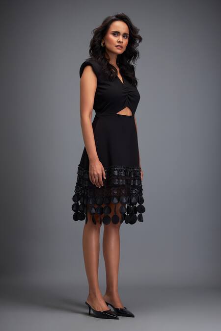 Deepika Arora_Black Poplin Tassels Round Neck Cut-out Textured Dress _at_Aza_Fashions
