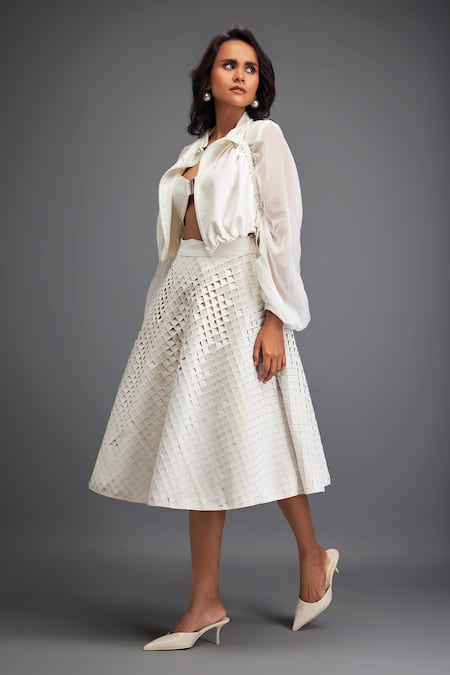 Deepika Arora_White Organza, Polyester Cut Work Plain Cropped Jacket Textured Skirt Set _Online_at_Aza_Fashions