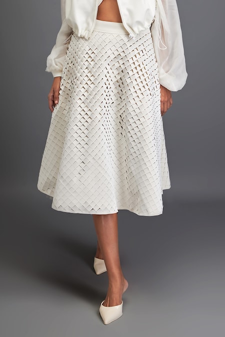 Deepika Arora_White Organza, Polyester Cut Work Plain Cropped Jacket Textured Skirt Set _at_Aza_Fashions