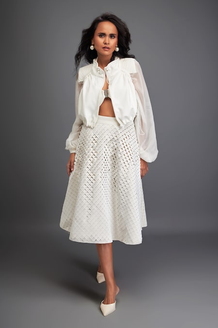 Buy_Deepika Arora_White Organza, Polyester Cut Work Plain Cropped Jacket Textured Skirt Set 