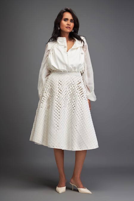 Shop_Deepika Arora_White Organza, Polyester Cut Work Plain Cropped Jacket Textured Skirt Set 