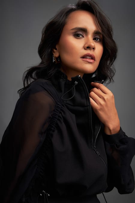 Shop_Deepika Arora_Black Organza, Polyester High Neck Plain Cropped Jacket _Online_at_Aza_Fashions