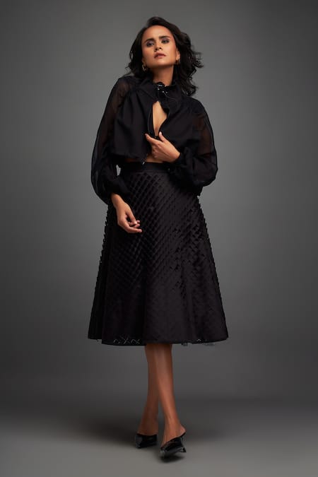 Deepika Arora_Black Organza, Polyester High Neck Plain Cropped Jacket _at_Aza_Fashions