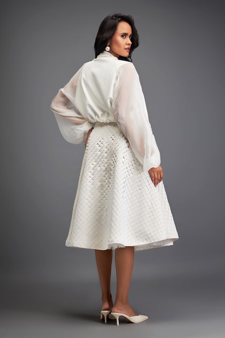 Shop_Deepika Arora_White Organza Plain High Collar Ruched Cropped Jacket _at_Aza_Fashions