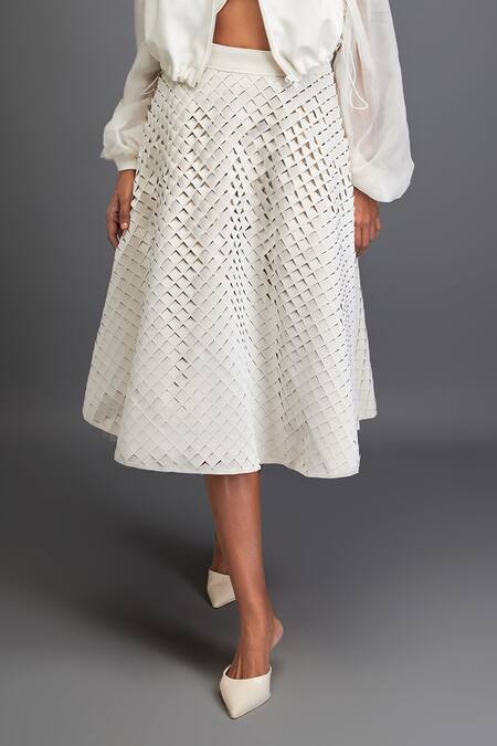Shop_Deepika Arora_White Velvet Textured Cut-out Skirt _Online_at_Aza_Fashions