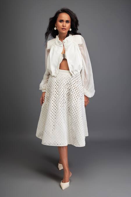 Deepika Arora_White Velvet Textured Cut-out Skirt _at_Aza_Fashions