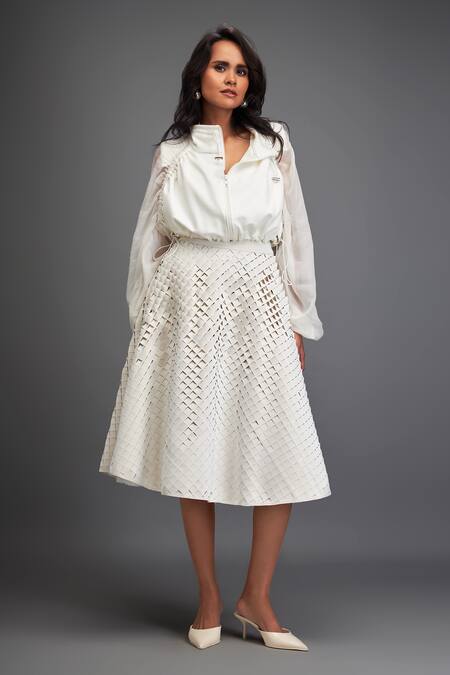 Buy_Deepika Arora_White Velvet Textured Cut-out Skirt 