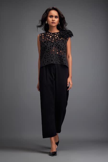 Deepika Arora Black Ponte Roma Embellished Cut-out Round Jaal Crop Top With Pant 