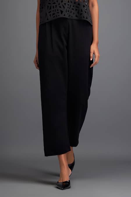 Deepika Arora Black Polyester, Velour Applique, Cut Work Round Cut-out Jaal Crop Top With Pant Online at Aza Fashions Deepika Arora_Black Polyester, Velour Applique, Cut Work Round Cut-out Jaal Crop Top With Pant _Online_at_Aza_Fashions