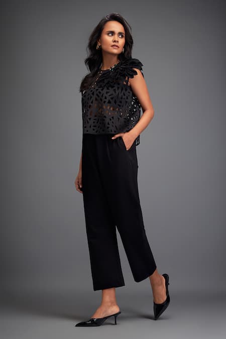 Buy Deepika Arora Black Polyester, Velour Applique, Cut Work Round Cut-out Jaal Crop Top With Pant Online at Aza Fashions Buy_Deepika Arora_Black Polyester, Velour Applique, Cut Work Round Cut-out Jaal Crop Top With Pant _Online_at_Aza_Fashions