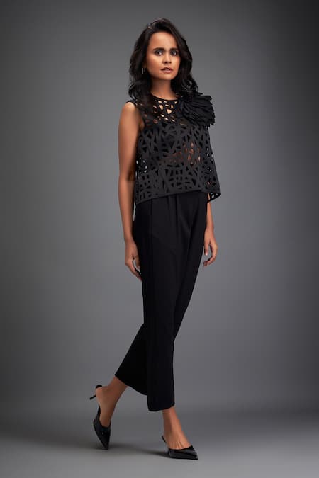 Deepika Arora Black Polyester, Velour Applique, Cut Work Round Cut-out Jaal Crop Top With Pant at Aza Fashions Deepika Arora_Black Polyester, Velour Applique, Cut Work Round Cut-out Jaal Crop Top With Pant _at_Aza_Fashions