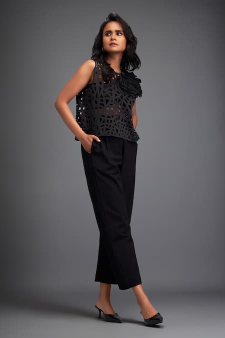 Buy Deepika Arora Black Polyester, Velour Applique, Cut Work Round Cut-out Jaal Crop Top With Pant Buy_Deepika Arora_Black Polyester, Velour Applique, Cut Work Round Cut-out Jaal Crop Top With Pant
