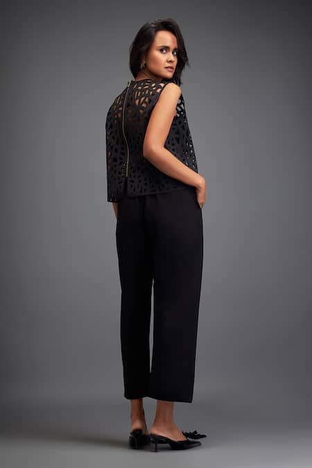 Shop Deepika Arora Black Polyester, Velour Applique, Cut Work Round Cut-out Jaal Crop Top With Pant Shop_Deepika Arora_Black Polyester, Velour Applique, Cut Work Round Cut-out Jaal Crop Top With Pant