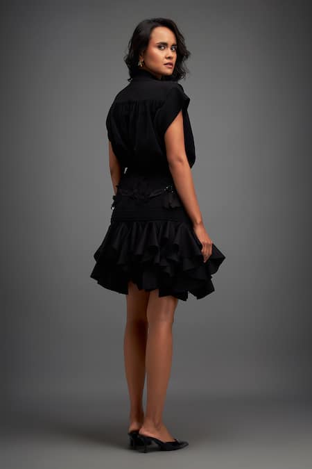 Shop Deepika Arora Black Crepe Sequins, Applique High Neck Pleated Top With Ruffle Skirt at Aza Fashions Shop_Deepika Arora_Black Crepe Sequins, Applique High Neck Pleated Top With Ruffle Skirt _at_Aza_Fashions