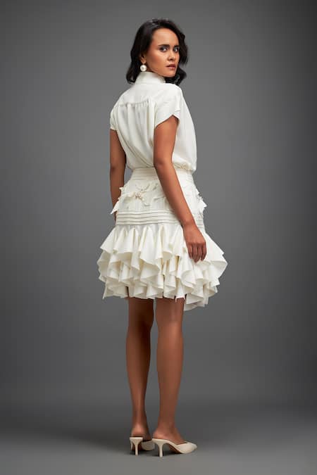 Shop Deepika Arora White Crepe Sequins, Applique Collared Pleated Top With Ruffle Skirt at Aza Fashions Shop_Deepika Arora_White Crepe Sequins, Applique Collared Pleated Top With Ruffle Skirt _at_Aza_Fashions