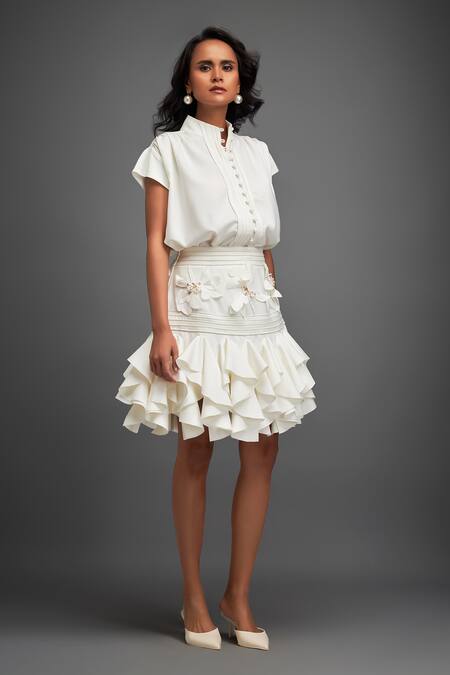 Deepika Arora White Crepe Sequins, Applique Collared Pleated Top With Ruffle Skirt Online at Aza Fashions Deepika Arora_White Crepe Sequins, Applique Collared Pleated Top With Ruffle Skirt _Online_at_Aza_Fashions