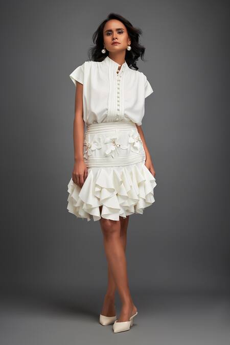 Buy Deepika Arora White Crepe Sequins, Applique Collared Pleated Top With Ruffle Skirt Online at Aza Fashions Buy_Deepika Arora_White Crepe Sequins, Applique Collared Pleated Top With Ruffle Skirt _Online_at_Aza_Fashions