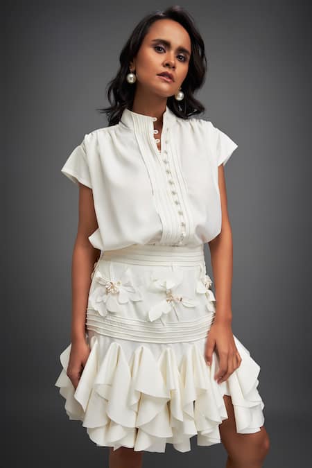 Shop Deepika Arora White Crepe Sequins, Applique Collared Pleated Top With Ruffle Skirt Online at Aza Fashions Shop_Deepika Arora_White Crepe Sequins, Applique Collared Pleated Top With Ruffle Skirt _Online_at_Aza_Fashions
