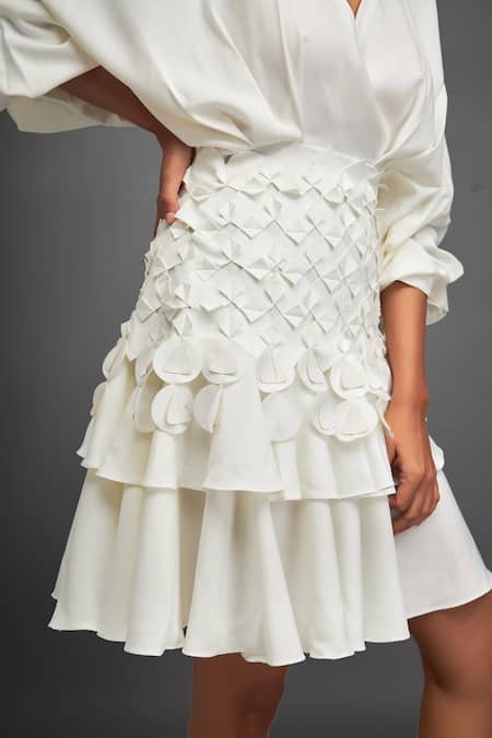 Buy_Deepika Arora_White Crepe Sequins, Applique V-neck Textured Tiered Dress _Online_at_Aza_Fashions