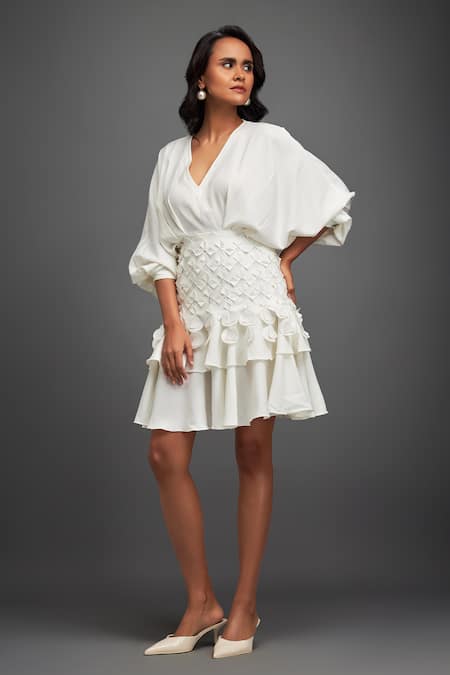 Shop_Deepika Arora_White Crepe Sequins, Applique V-neck Textured Tiered Dress _Online_at_Aza_Fashions