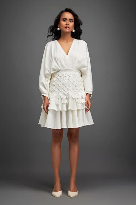 Shop_Deepika Arora_White Crepe Sequins, Applique V-neck Textured Tiered Dress 
