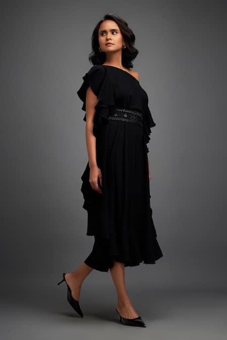 Deepika Arora_Black Georgette One Shoulder Off Asymmetric Dress _Online_at_Aza_Fashions