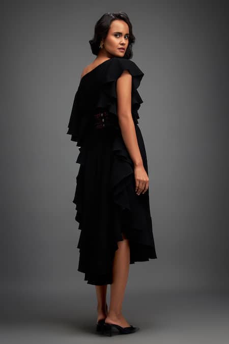 Buy_Deepika Arora_Black Georgette One Shoulder Off Asymmetric Dress _Online_at_Aza_Fashions