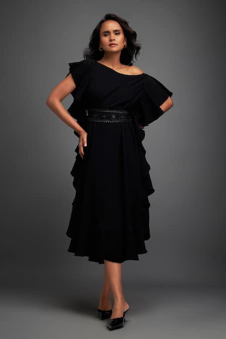 Shop_Deepika Arora_Black Georgette One Shoulder Off Asymmetric Dress _Online_at_Aza_Fashions