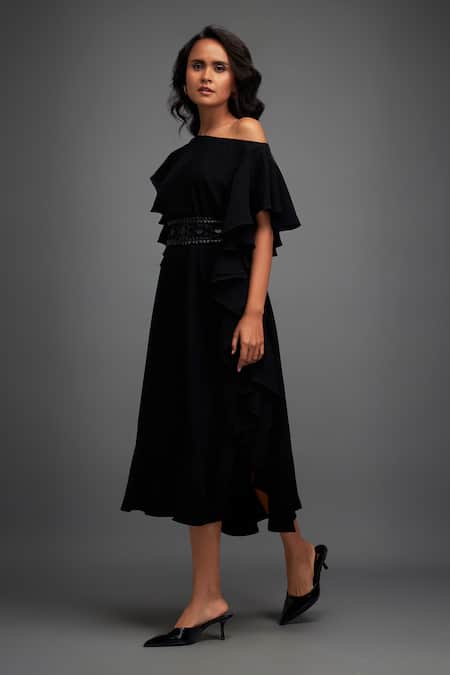 Deepika Arora_Black Georgette One Shoulder Off Asymmetric Dress _at_Aza_Fashions