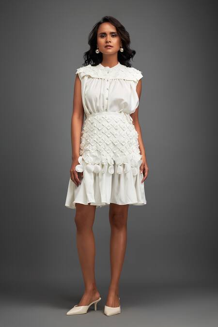 Deepika Arora White Crepe Applique Collared Top With Geometric Skirt at Aza Fashions Deepika Arora_White Crepe Applique Collared Top With Geometric Skirt _at_Aza_Fashions