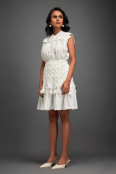 Shop Deepika Arora White Crepe Applique Collared Top With Geometric Skirt Shop_Deepika Arora_White Crepe Applique Collared Top With Geometric Skirt