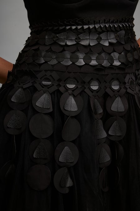 Shop_Deepika Arora_Black Net, Polyester Applique Sweetheart Neck Textured Dress _Online_at_Aza_Fashions