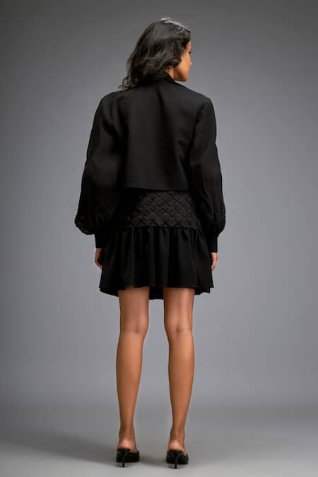 Shop Deepika Arora Black Organza, Polyester Embroidery Applique Embellished Jacket With Skirt at Aza Fashions Shop_Deepika Arora_Black Organza, Polyester Embroidery Applique Embellished Jacket With Skirt _at_Aza_Fashions