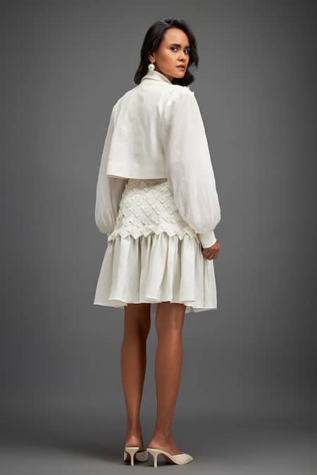 Shop Deepika Arora White Organza, Pashmina Applique Collared Textured Jacket With Skirt at Aza Fashions Shop_Deepika Arora_White Organza, Pashmina Applique Collared Textured Jacket With Skirt _at_Aza_Fashions