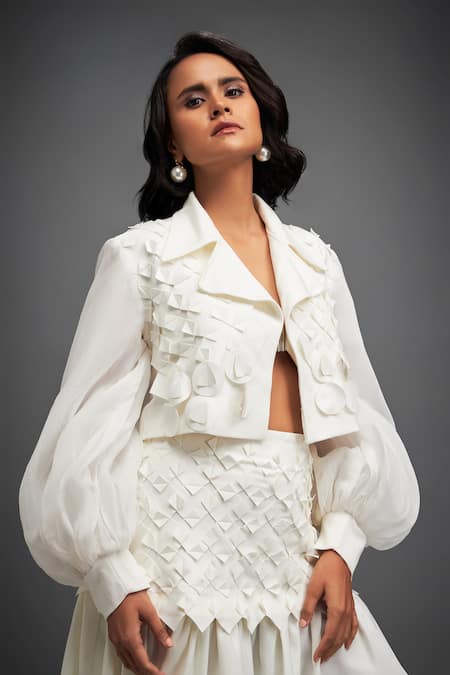 Shop Deepika Arora White Organza, Pashmina Applique Collared Textured Jacket With Skirt Online at Aza Fashions Shop_Deepika Arora_White Organza, Pashmina Applique Collared Textured Jacket With Skirt _Online_at_Aza_Fashions