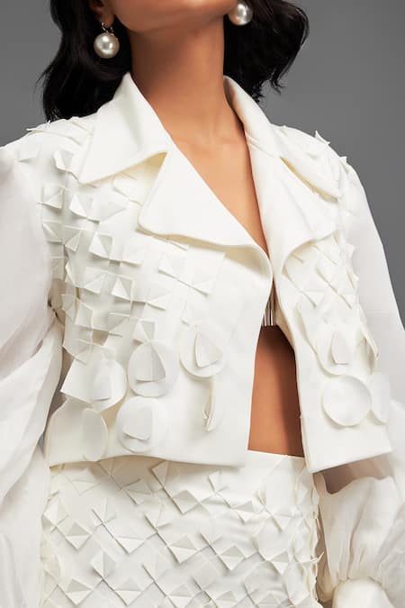 Deepika Arora White Organza, Pashmina Applique Collared Textured Jacket With Skirt at Aza Fashions Deepika Arora_White Organza, Pashmina Applique Collared Textured Jacket With Skirt _at_Aza_Fashions
