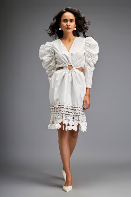 Deepika Arora White Cotton V-neck Cut-out Applique Dress Online at Aza Fashions Deepika Arora_White Cotton V-neck Cut-out Applique Dress _Online_at_Aza_Fashions