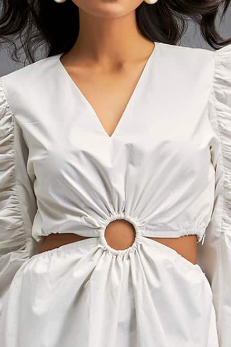 Buy Deepika Arora White Cotton V-neck Cut-out Applique Dress Online at Aza Fashions Buy_Deepika Arora_White Cotton V-neck Cut-out Applique Dress _Online_at_Aza_Fashions