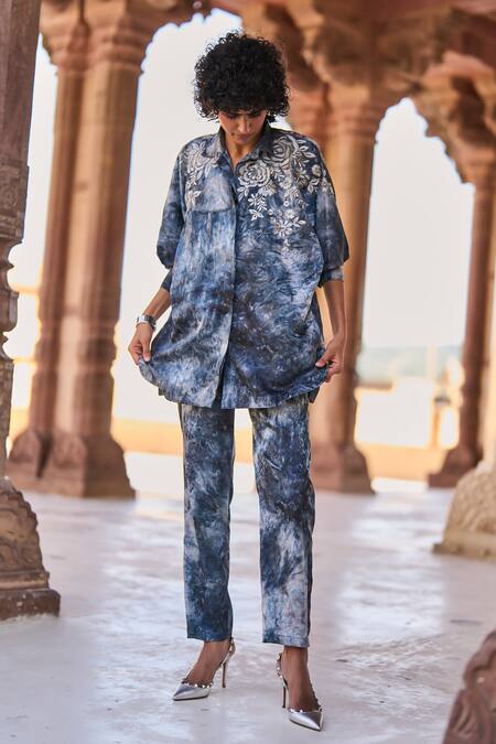 Dash And Dot_Blue Polyester Embroidery Collared Floral Boxy Shirt _at_Aza_Fashions