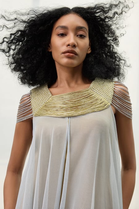 Akhl Gold Lurex, Polyester Embroidery Square Metallic Yarn Detailed Sleeve Kaftan Online at Aza Fashions Akhl_Gold Lurex, Polyester Embroidery Square Metallic Yarn Detailed Sleeve Kaftan _Online_at_Aza_Fashions