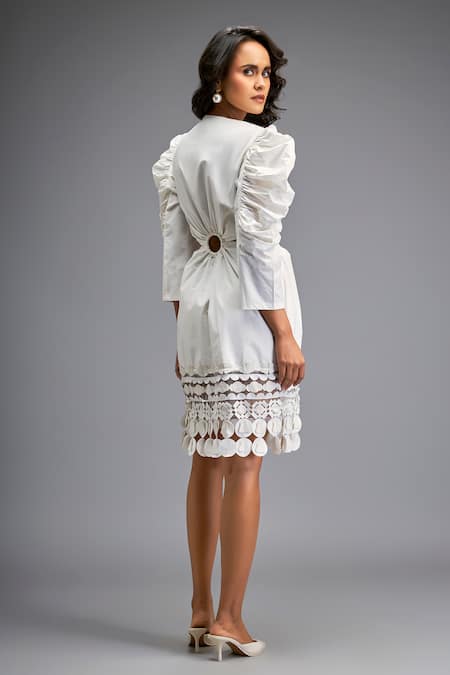 Shop Deepika Arora White Cotton V-neck Cut-out Applique Dress at Aza Fashions Shop_Deepika Arora_White Cotton V-neck Cut-out Applique Dress _at_Aza_Fashions