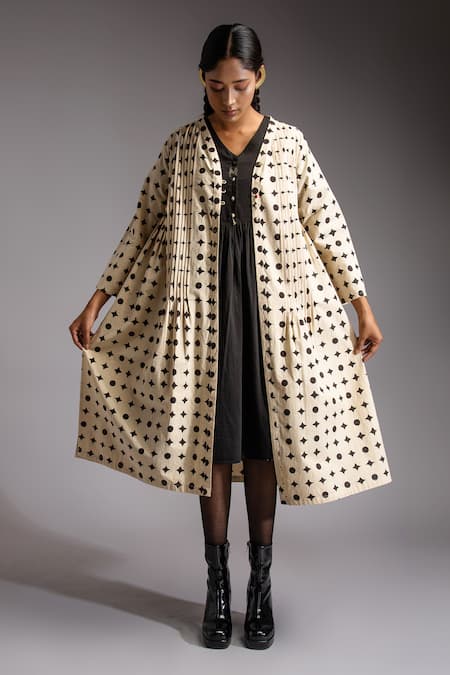 JAYATI GOENKA_Black Chanderi, Cotton Satin Nomad Gathered Flare Buttoned Yoke Midi Dress _Online_at_Aza_Fashions