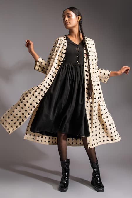 Shop_JAYATI GOENKA_Black Chanderi, Cotton Satin Nomad Gathered Flare Buttoned Yoke Midi Dress _Online_at_Aza_Fashions