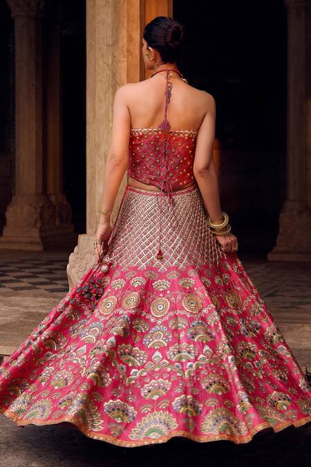 Shop_Saundh_Pink Brocade, Organza Mirrors, Gota Iravati Phool Mahal Embroidered Lehenga Set_at_Aza_Fashions