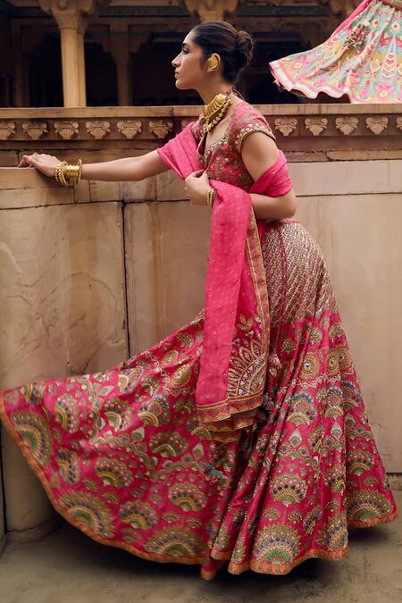 Saundh_Pink Brocade, Organza Mirrors, Gota Iravati Phool Mahal Embroidered Lehenga Set_Online_at_Aza_Fashions